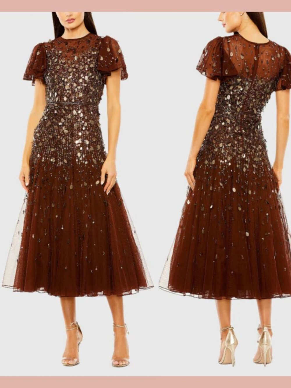 MAC DUGGAL 24018 Flutter Sleeve Sheer Top Beaded Midi Dress